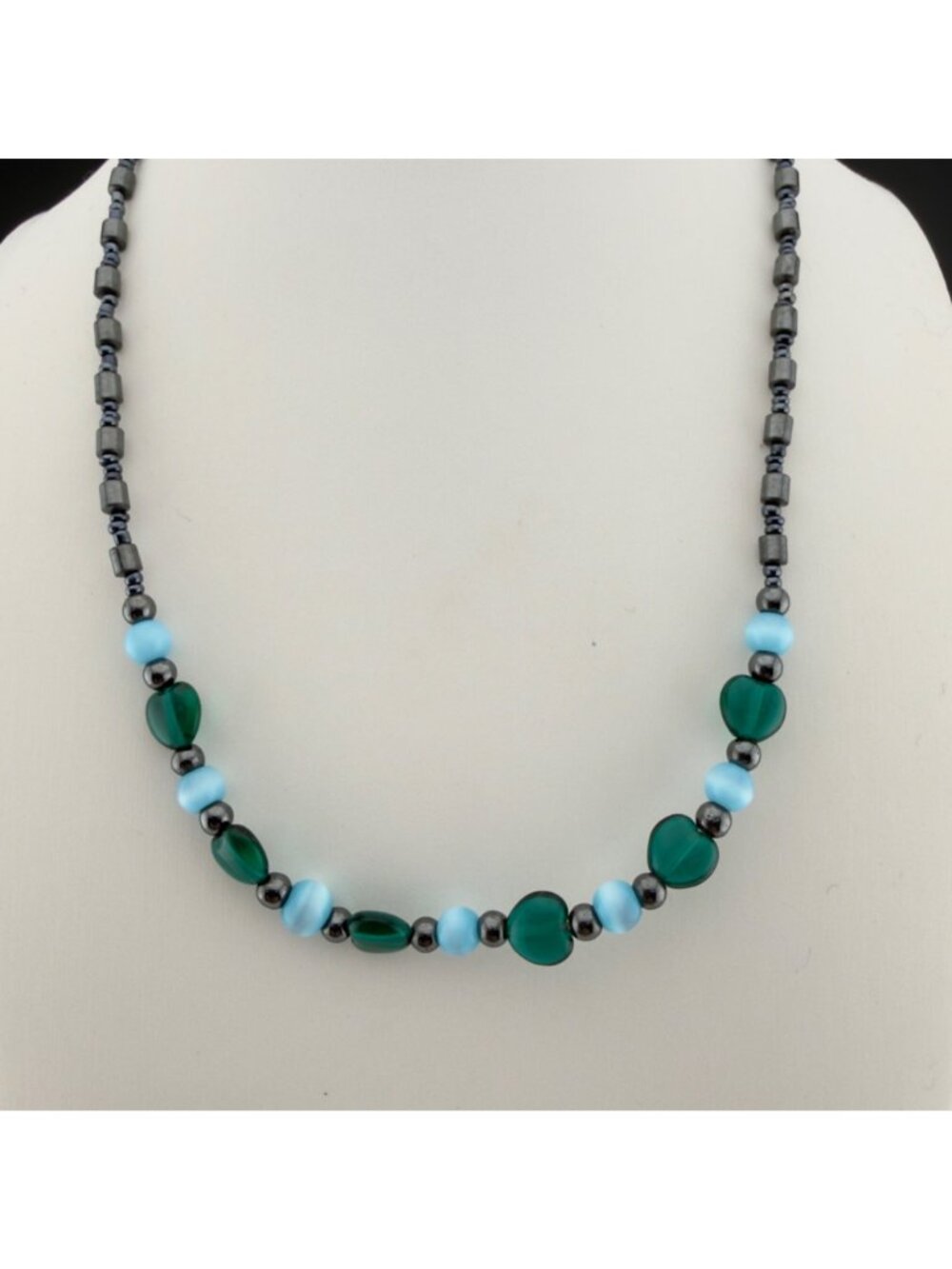 Beaded Hematite Necklace With Blue Green Glass Heart Accents 16"